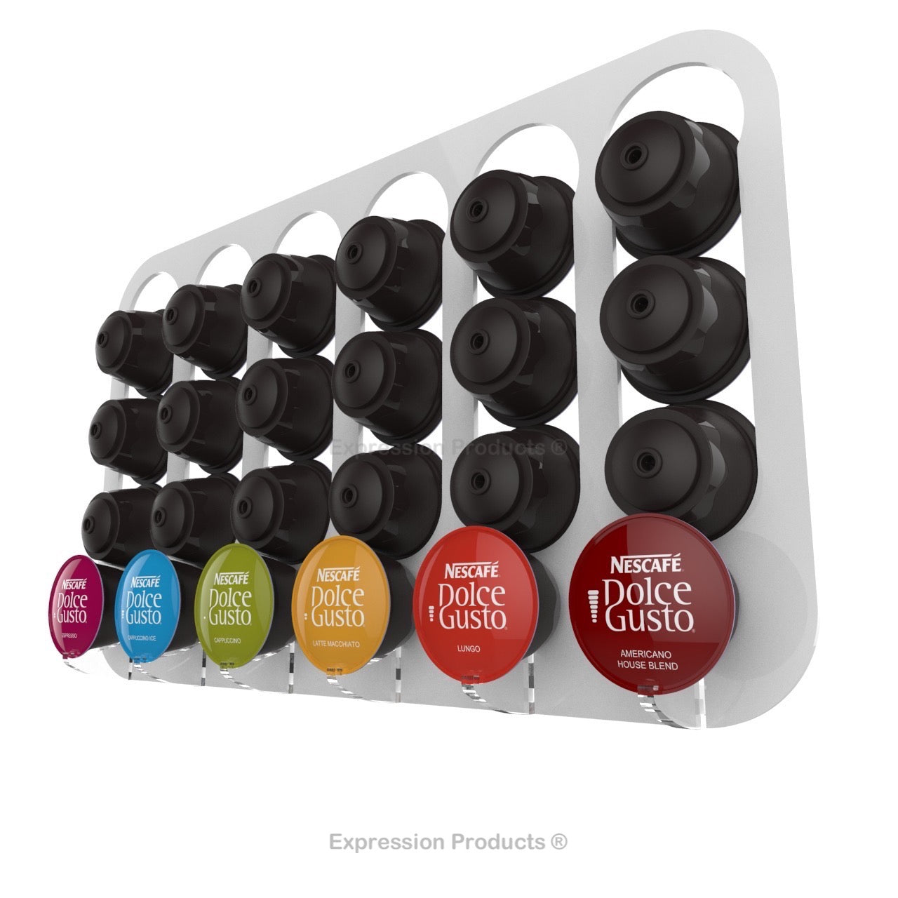 Dolce gusto coffee pod holder, wall mounted, half height.  Shown in white holding 24 pods