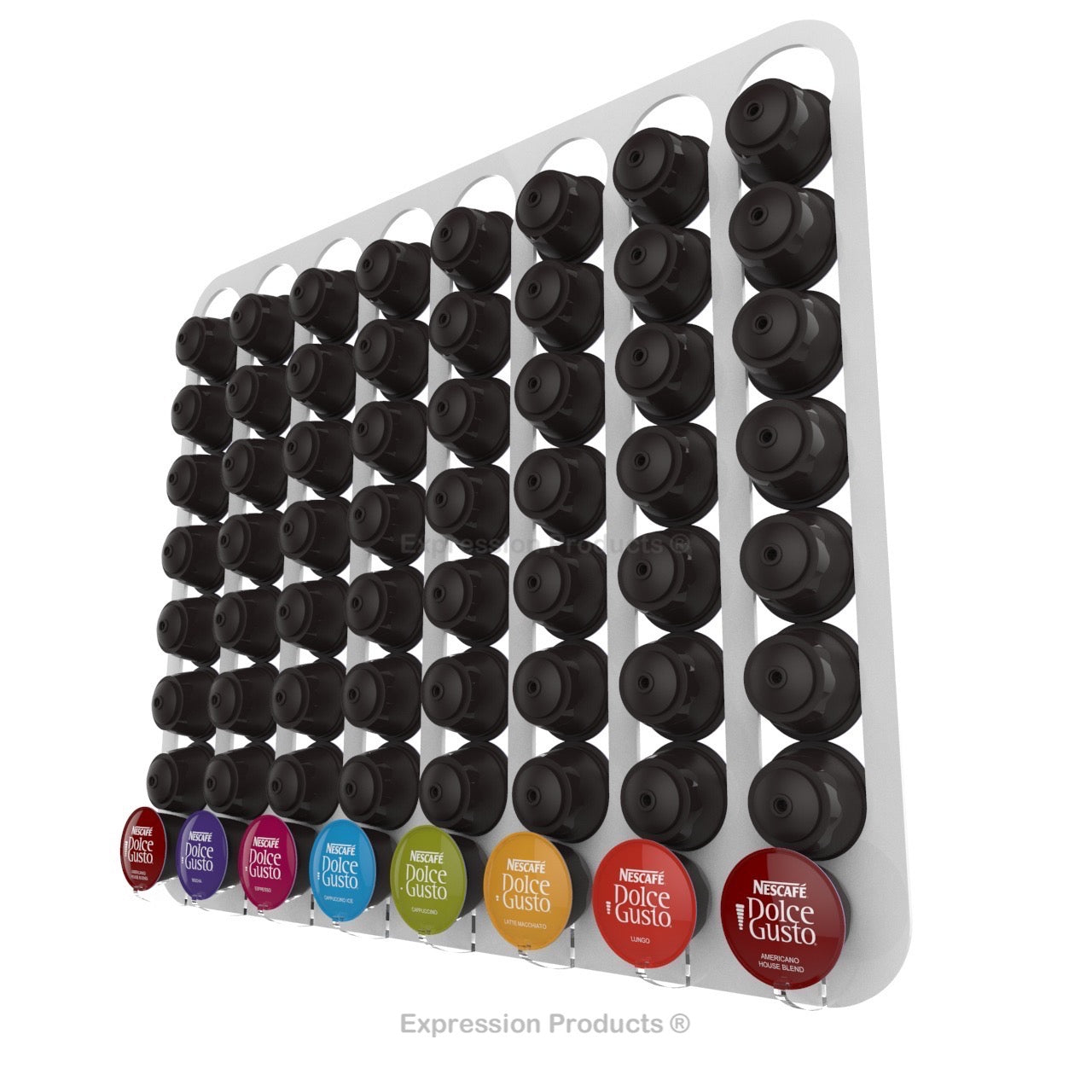 Dolce Gusto Coffee Pod Holder, Wall Mounted.  Shown in White Holding 64 Pods