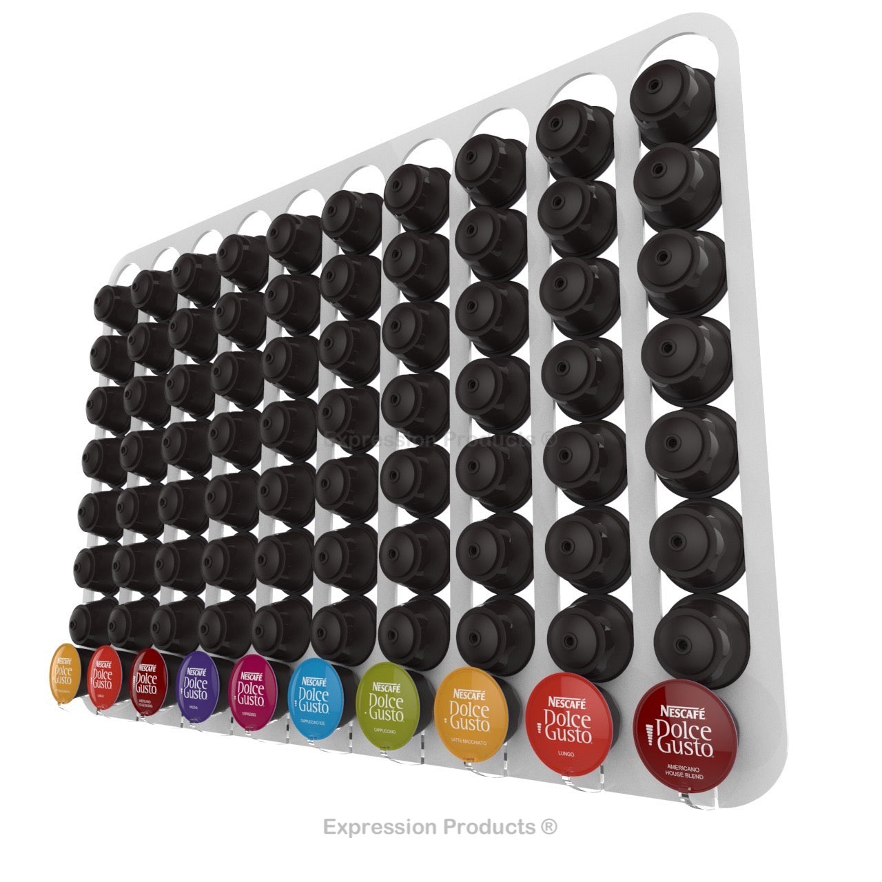 Dolce Gusto Coffee Pod Holder, Wall Mounted.  Shown in White Holding 80 Pods