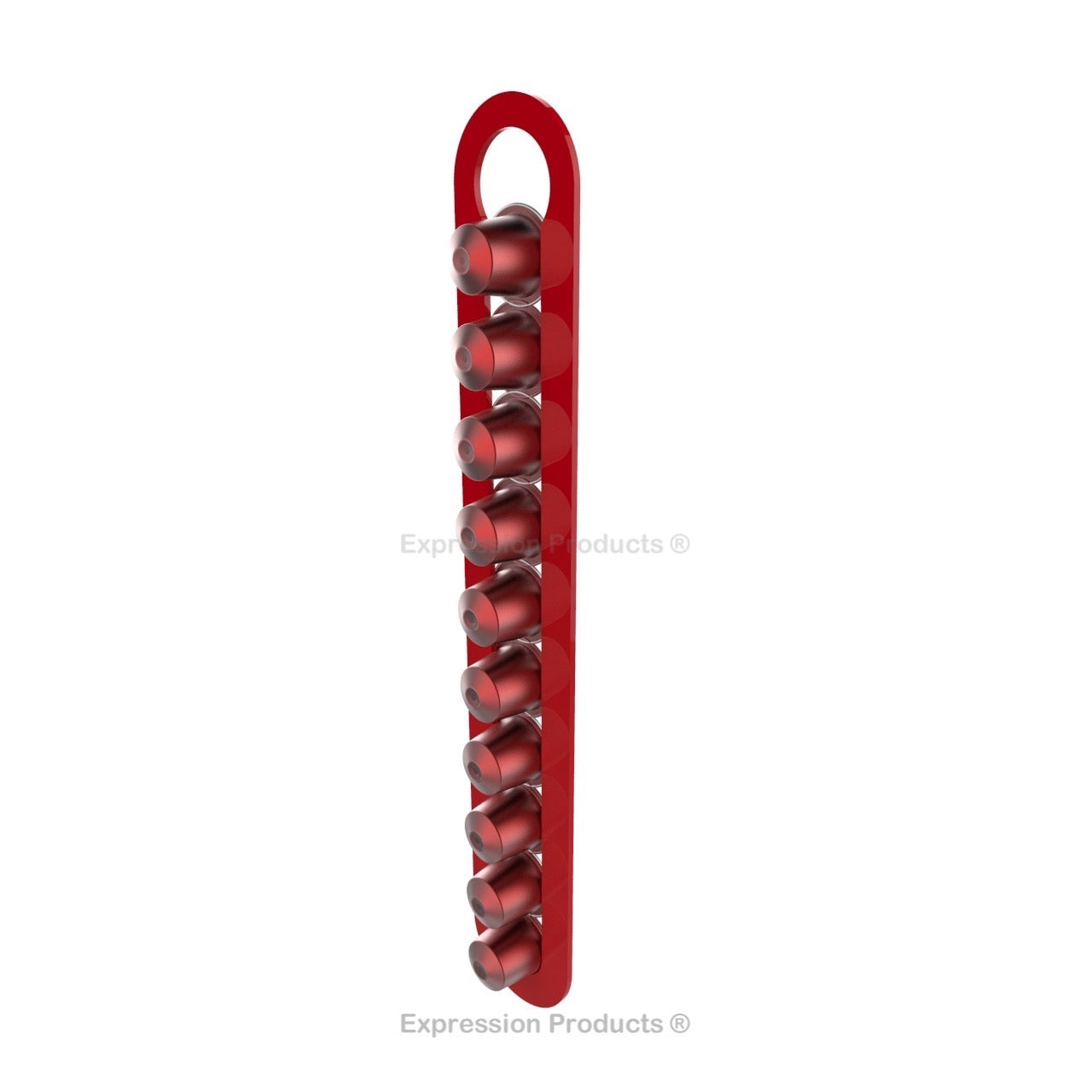 Magnetic Nespresso Original Line coffee pod holder shown in red holding 10 pods