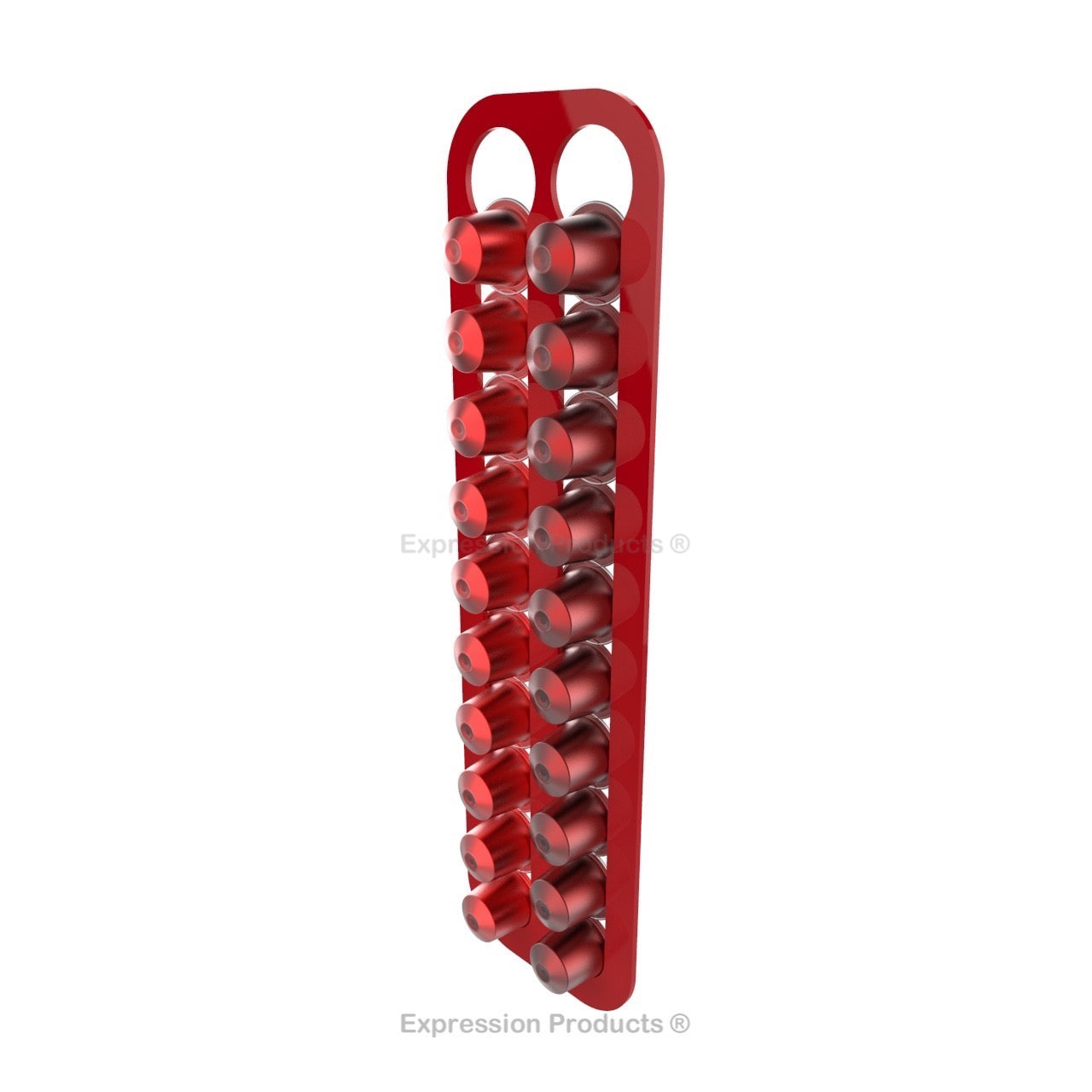 Magnetic Nespresso Original Line coffee pod holder shown in red holding 20 pods