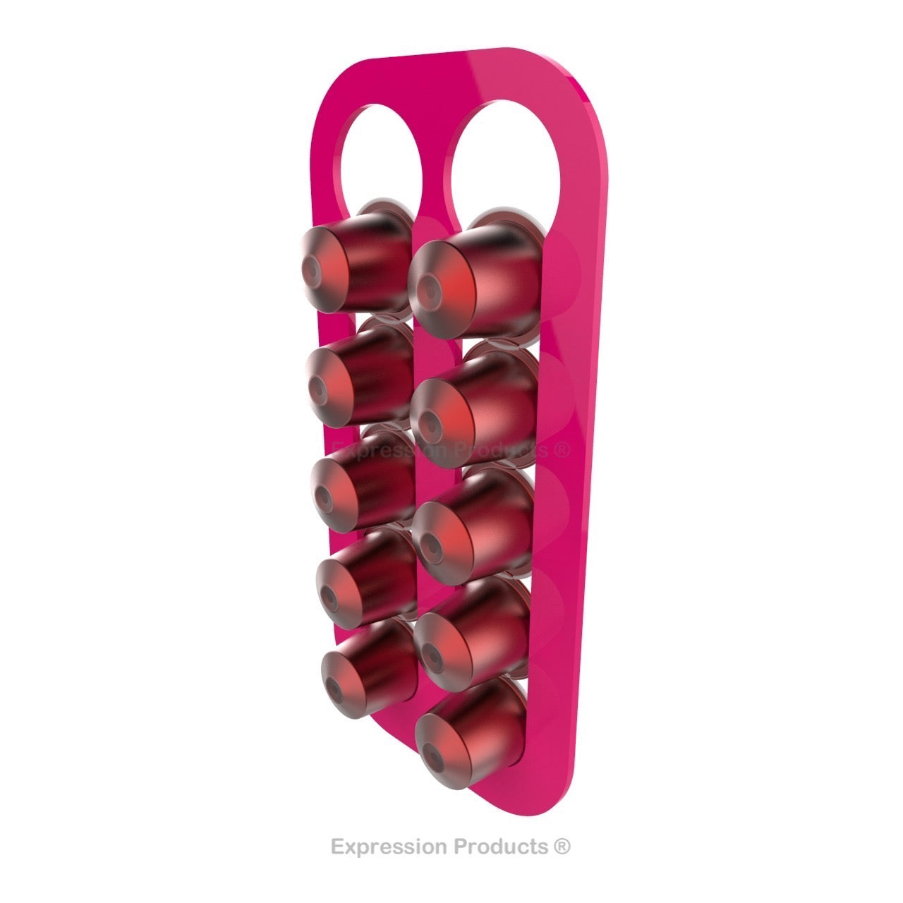 Magnetic Nespresso Original Line coffee pod holder shown in pink holding 10 pods