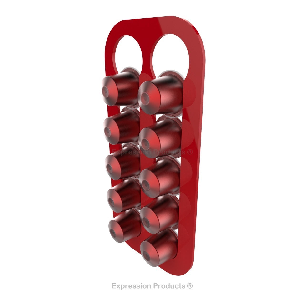 Magnetic Nespresso Original Line coffee pod holder shown in red holding 10 pods