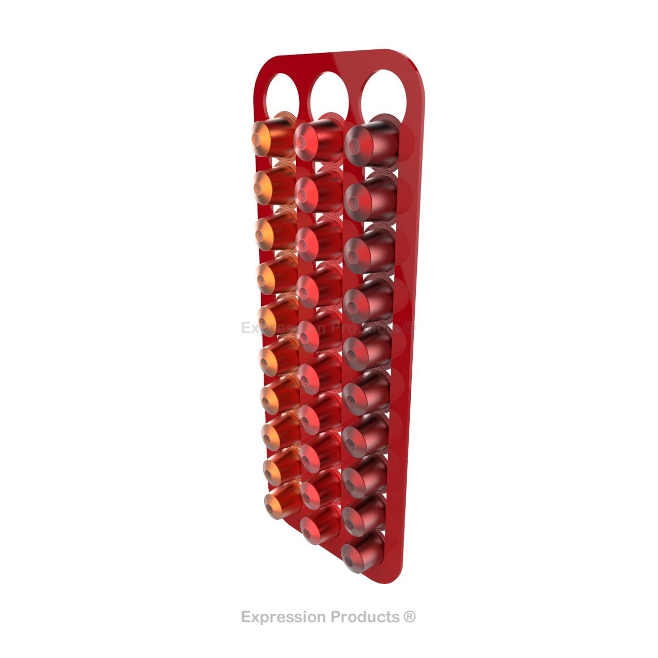 Magnetic Nespresso Original Line coffee pod holder shown in red holding 30 pods
