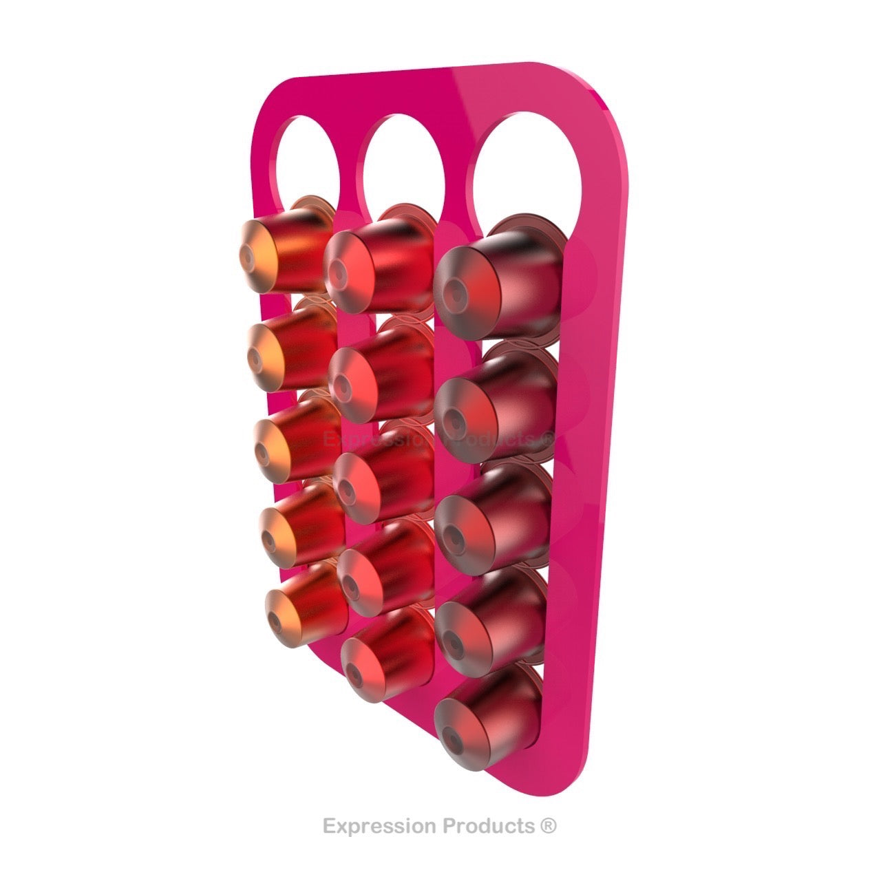 Magnetic Nespresso Original Line coffee pod holder shown in pink holding 15 pods