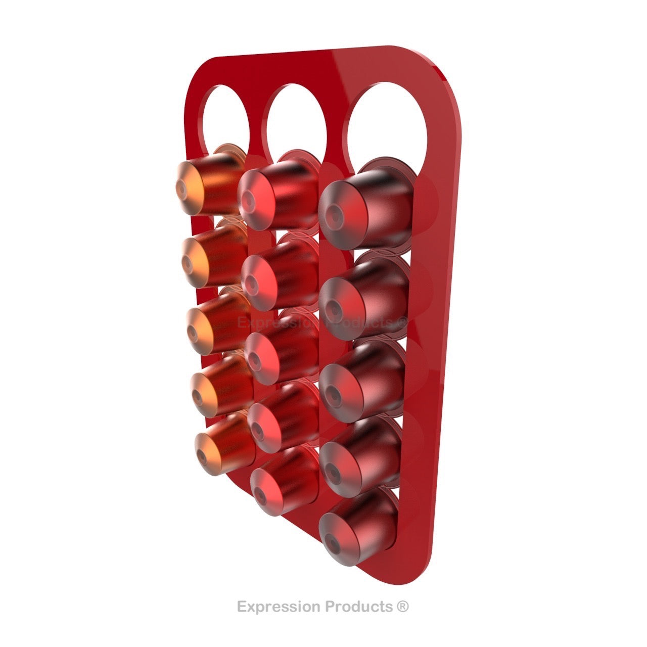 Magnetic Nespresso Original Line coffee pod holder shown in red holding 15 pods