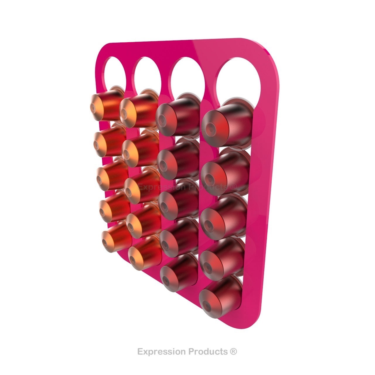 Magnetic Nespresso Original Line coffee pod holder shown in pink holding 20 pods
