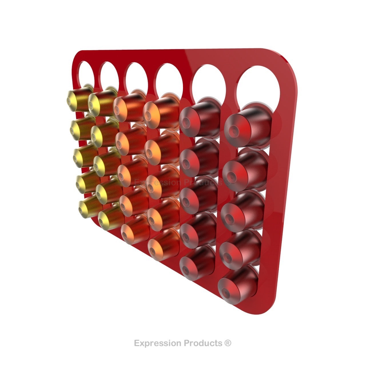 Magnetic Nespresso Original Line coffee pod holder shown in red holding 30 pods