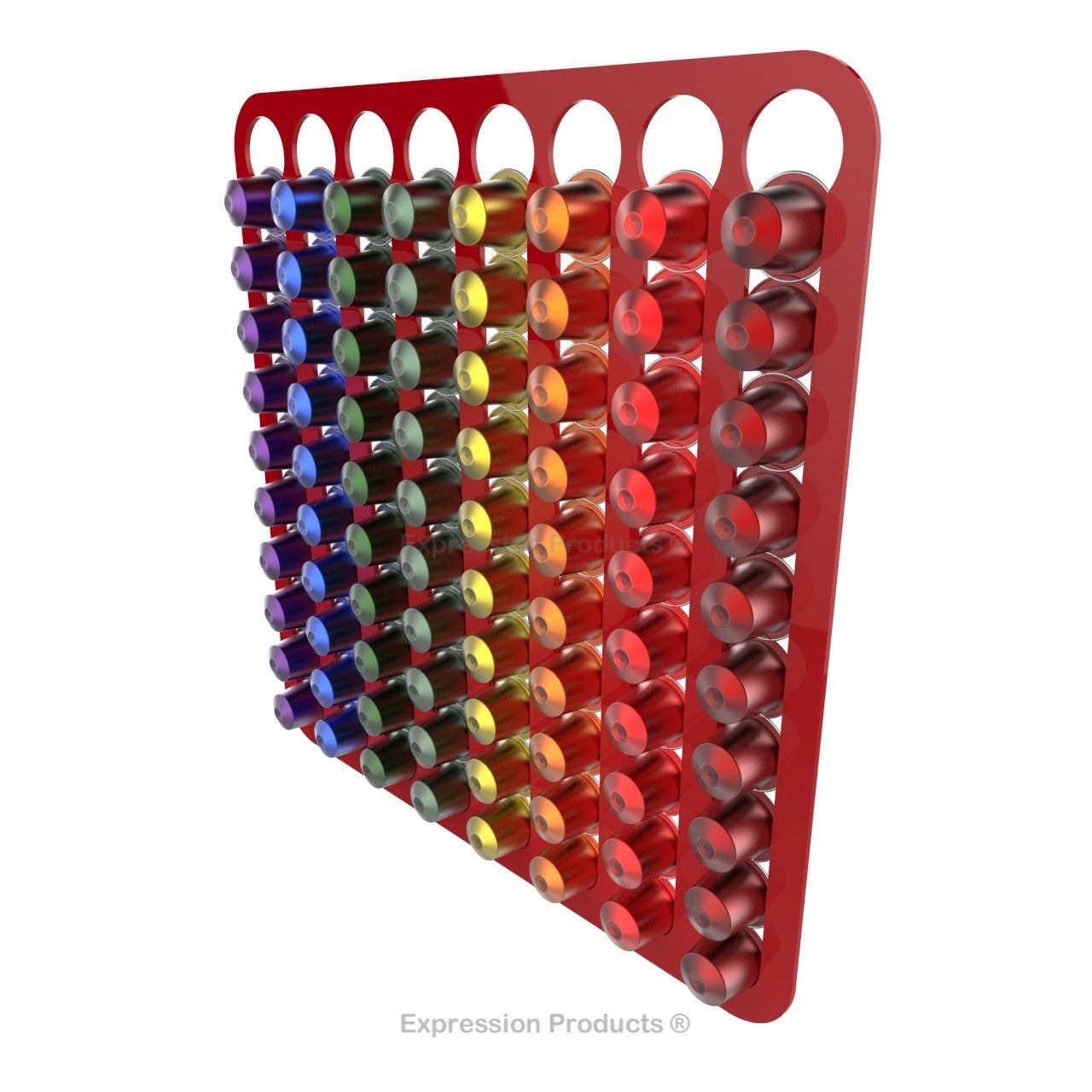 Magnetic Nespresso Original Line coffee pod holder shown in red holding 80 pods