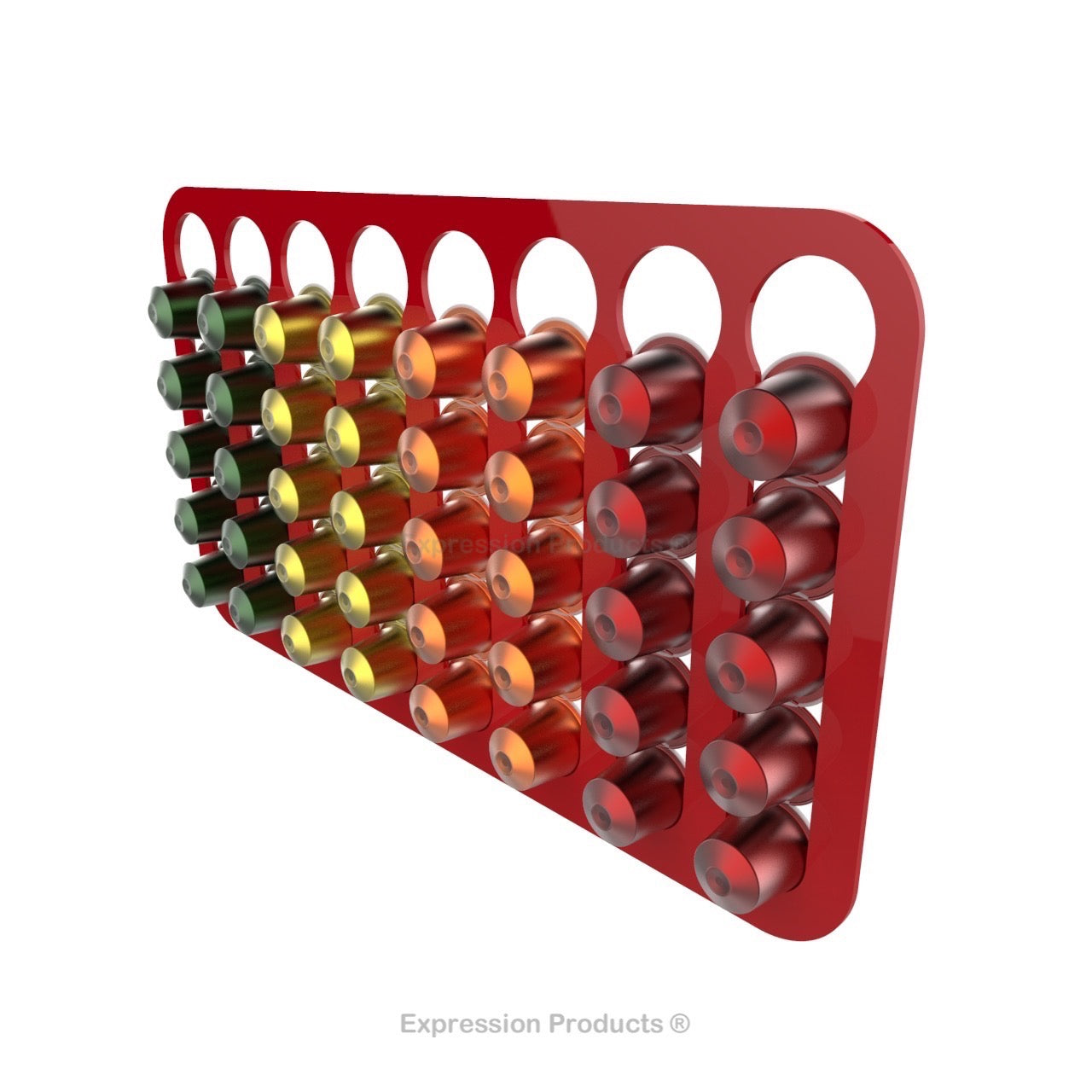 Magnetic Nespresso Original Line coffee pod holder shown in red holding 40 pods