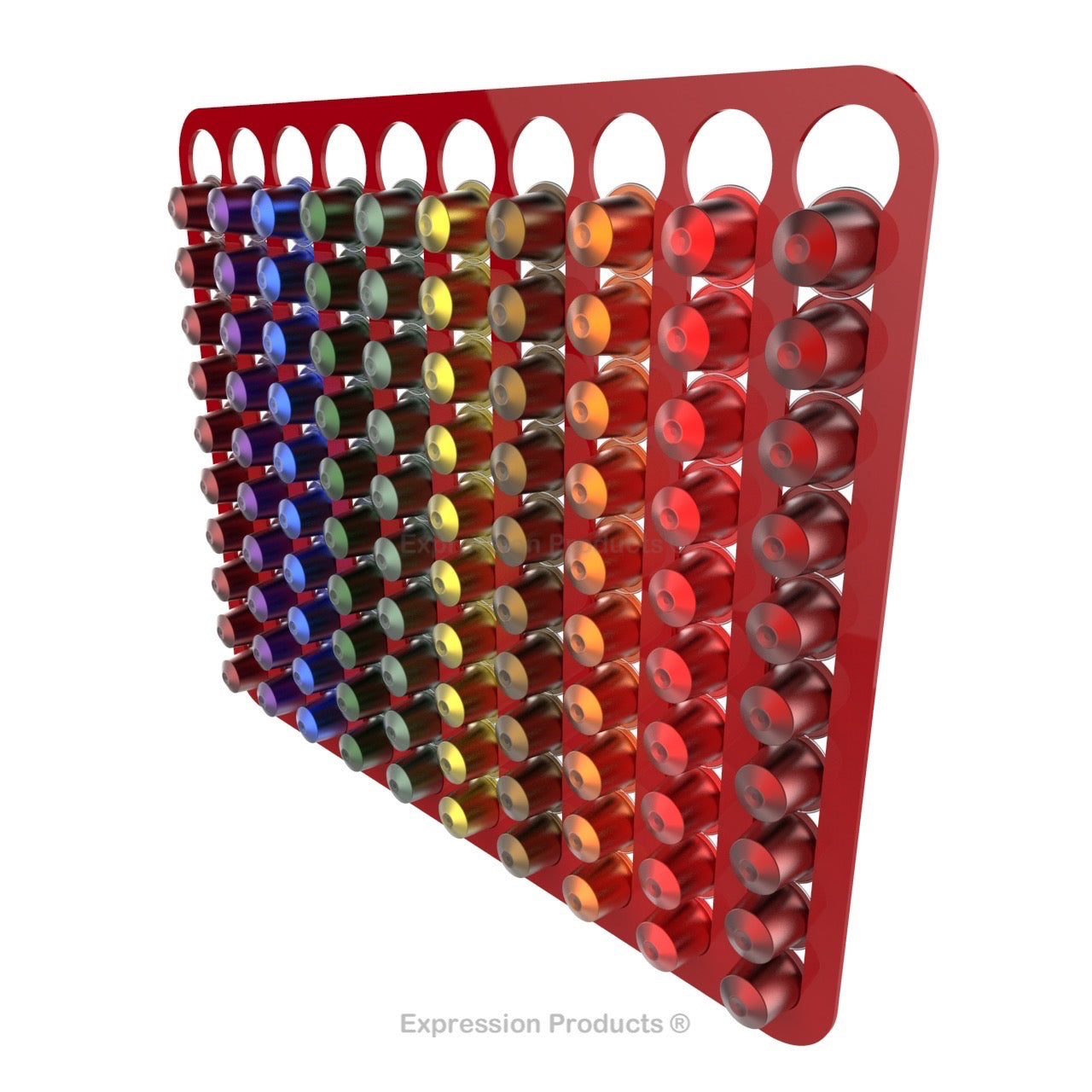 Magnetic Nespresso Original Line coffee pod holder shown in red holding 100 pods