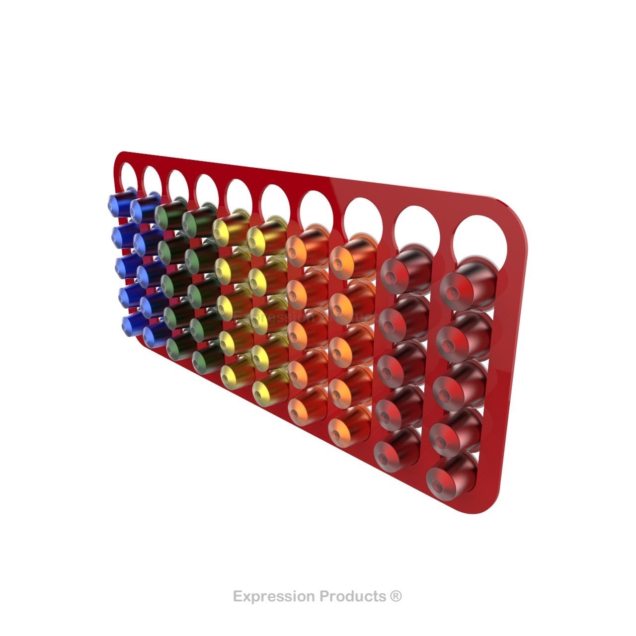 Magnetic Nespresso Original Line coffee pod holder shown in red holding 50 pods
