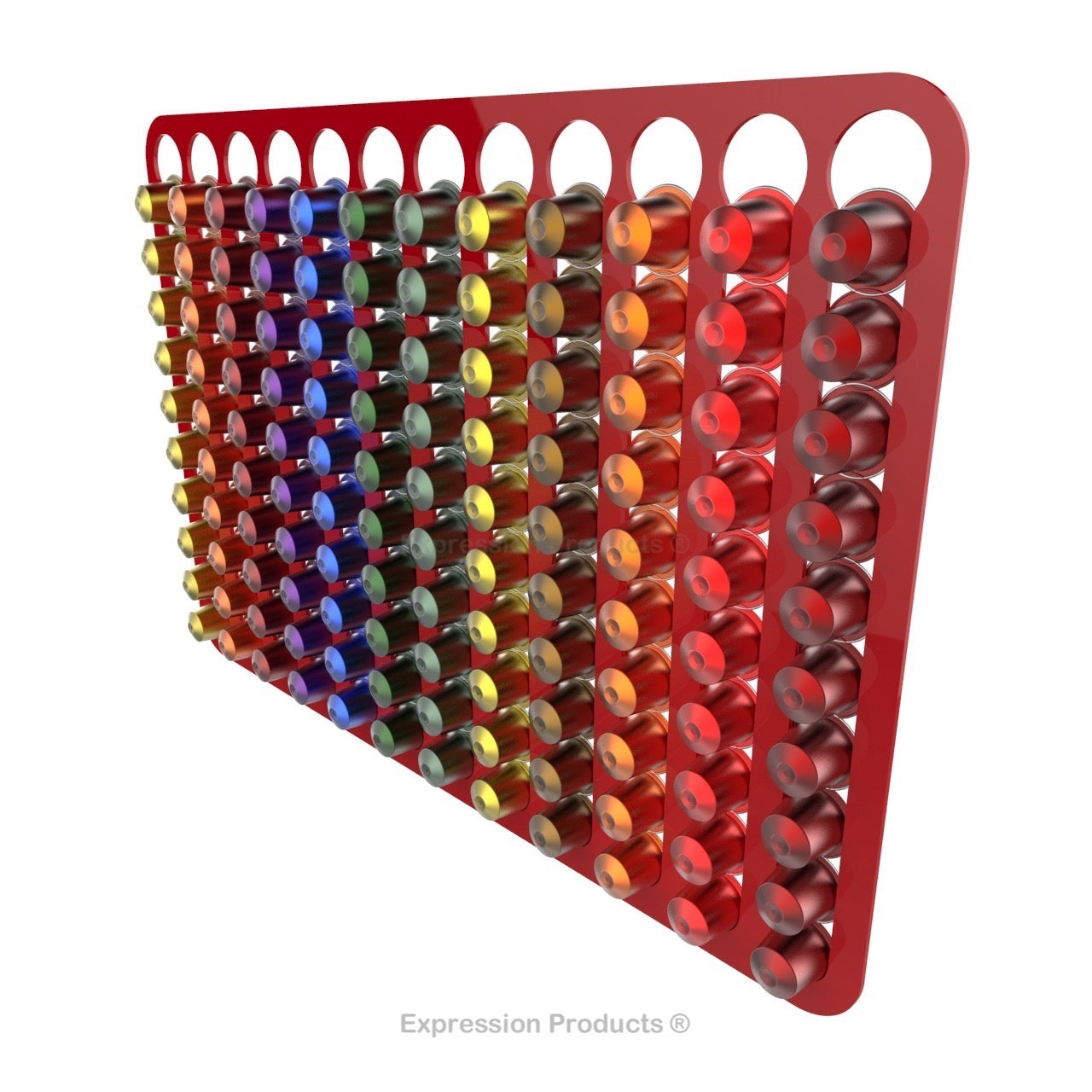 Magnetic Nespresso Original Line coffee pod holder shown in red holding 120 pods