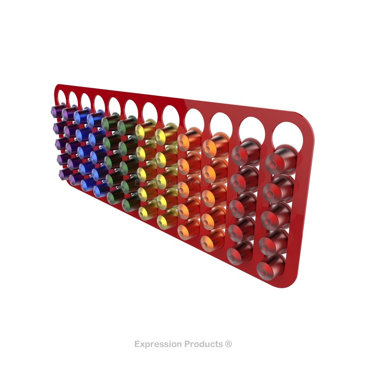 Magnetic Nespresso Original Line coffee pod holder shown in red holding 60 pods